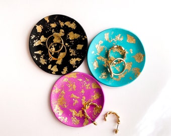 Gold Leaf Trinket Dish - Custom Colour Bowl for Jewellery, Rings, Keys, Teabags. Choose your colour. Handmade polymer clay.