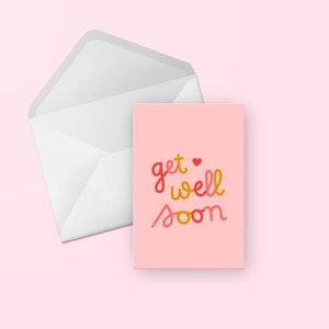 Carte Get Well Soon - Jolie carte de voeux vierge à l'intérieur rose, rouge et or avec inscriptions manuscrites