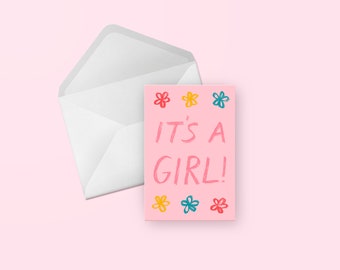 It's a Girl! Baby Greeting Card - Cute Pink Illustrated Hand Lettered Baby Shower, Congratulations, Newborn, Blank Card