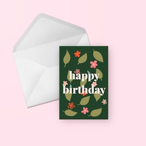 Carte d'anniversaire d'oiseaux et de fleurs - carte de voeux vierge illustrée verte et rose mignonne