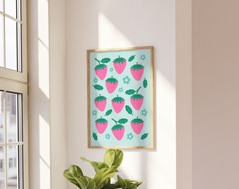 Strawberry Fields Art Print - Cute Pink and Mint Green Illustration A5 or A4 Print