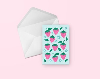 Strawberry Fields Greeting Card - Cute Illustrated Pink and Mint Green Birthday, Thank You, Congratulations, Friend, Generic, Blank Card