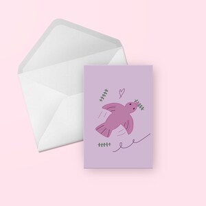 Carte de voeux colombe - anniversaire d'oiseau rose violet illustré mignon, merci, félicitations, ami, mariage, toute occasion, carte vierge