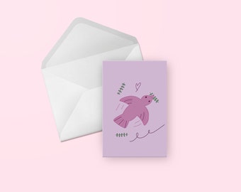 Dove Greeting Card - Cute Illustrated Purple Pink Bird Birthday, Thank You, Congratulations, Friend, Wedding, Any Occasion, Blank Card