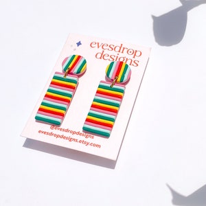 RAINBOW STRIPE EARRINGS Rectangle Handmade Polymer Clay Dangle Studs Australian Made Jewellery image 4