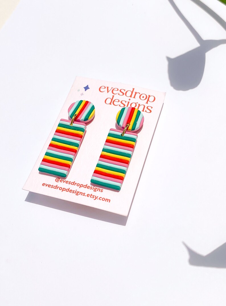 RAINBOW STRIPE EARRINGS Rectangle Handmade Polymer Clay Dangle Studs Australian Made Jewellery image 4