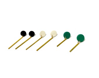 GOLD DANGLY STUDS - Handmade Polymer Clay Circle Stud Earrings - White, Black & Green, 2 Lengths - Australian Made Jewellery