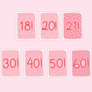 Biglietto d'auguri Pretty in Pink Age - 18, 20, 21, 30, 40, 50 e 60 Grazioso biglietto d'auguri bianco illustrato con motivi rosa e rosso