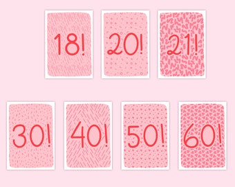 Pretty in Pink Age Birthday Card - 18, 20, 21, 30, 40, 50 & 60 Cute Illustrated Patterned Pink and Red Blank Greeting Card