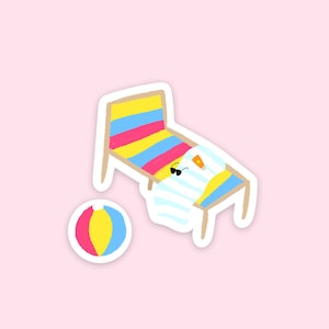 Set adesivi da spiaggia - Simpatica sedia da spiaggia arcobaleno illustrata e palla in vinile fustellato, laminato, impermeabile, antigraffio, lucido protetto dai raggi UV