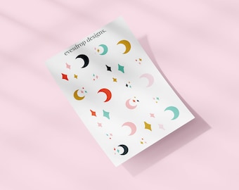 Stars & Moons Sticker Sheet - Cute Illustrated Galaxy Space Stickers