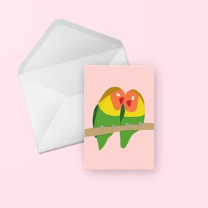 Tarjeta de felicitación Lovebirds - lindo cumpleaños de pájaro ilustrado rosa, gracias, día de San Valentín, amigo, genérico, cualquier ocasión tarjeta en blanco