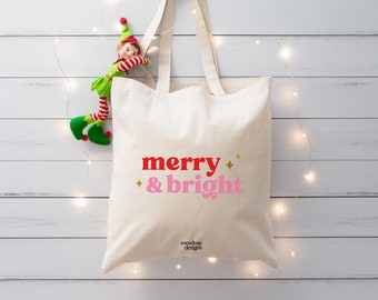 Merry & Bright Tote - Cute Red, Pink and Gold Christmas Cotton Tote Bag | Present/Gift/Shopping Bag/Santa Sack