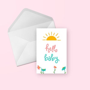 Hola bebé tarjeta de felicitación - linda flor ilustrada a mano baby shower, felicitaciones, recién nacido, unisex, tarjeta en blanco
