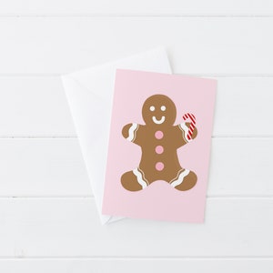 Gingerbread Man Card Cute Pink Illustrated Holiday Christmas Greeting Card with White Envelope, Blank Inside image 2