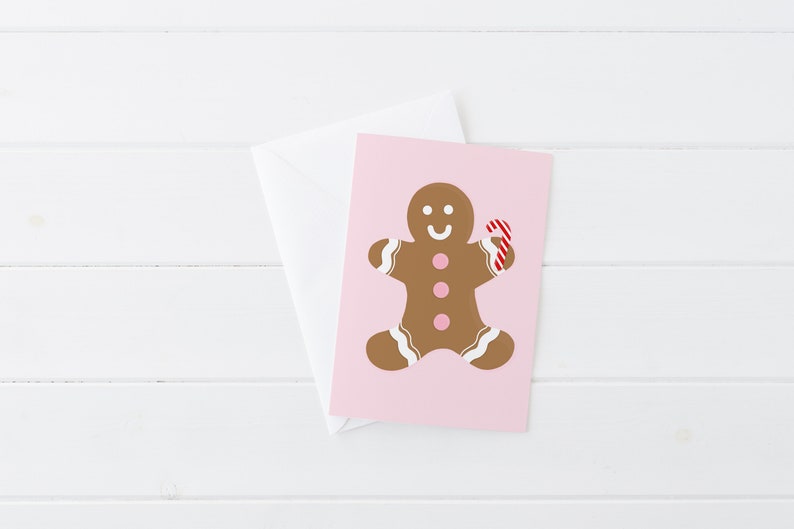 Gingerbread Man Card Cute Pink Illustrated Holiday Christmas Greeting Card with White Envelope, Blank Inside image 2