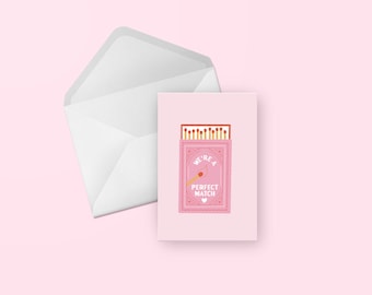 We're a Perfect Match Greeting Card - Punny Pink Valentine's Day, Anniversary, Love Blank Card