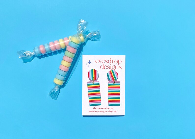 RAINBOW STRIPE EARRINGS Rectangle Handmade Polymer Clay Dangle Studs Australian Made Jewellery image 2