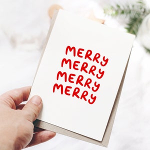 Merry Merry Christmas Card - Linda tarjeta en blanco ilustrada con letras a mano en rojo y blanco