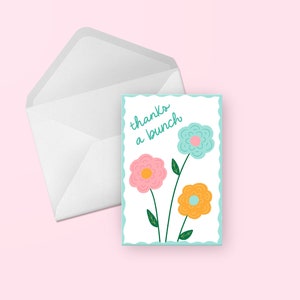 Gracias un montón tarjeta de agradecimiento - azul floral, rosa y naranja ilustrado a mano con letras coloridas flores tarjeta de felicitación en blanco