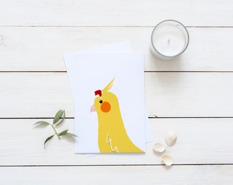 Cockatiel Christmas Greeting Card - Cute Wiero Illustrated Bird Parrot in Santa Hat Yellow and White Holiday Blank Card