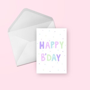 Pastell Konfetti alles Gute zum Geburtstag Karte - süße Pastell Rosa, Grün, Blau, Lila illustriert Hand beschriftet, leere Grußkarte