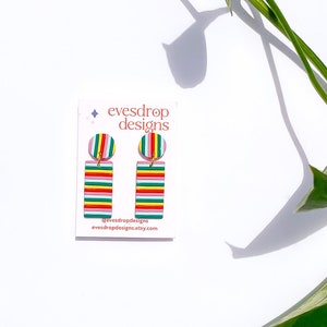 RAINBOW STRIPE EARRINGS Rectangle Handmade Polymer Clay Dangle Studs Australian Made Jewellery image 3