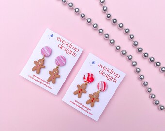 Gingerbeard Dangle Earrings - Handmade Polymer Clay Cute Gingerbread Man with Pink or Red Peppermint Swirl Studs