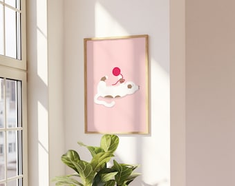 Cat Art Print - Cute Pink Animal Illustratie A5 of A4 Print