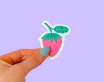 Strawberry Sticker - Cute Illustrated Pink, Green, Mint Die Cut Vinyl, Laminated, Waterproof, Scratch Proof, UV Sun Protected Glossy Sticker