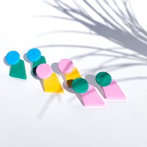 POLLY EARRINGS - Handmade Polymer Clay Pink, Yellow, Green & Blue Mixed Stud Earrings - Australian Made Jewellery