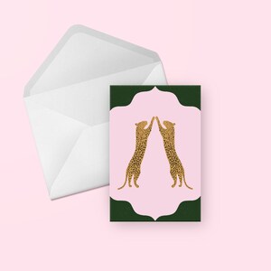 Cartão de felicitações rosa e verde de leopardos - lindo aniversário ilustrado, obrigado, parabéns, amigo, genérico, qualquer ocasião, cartão em branco