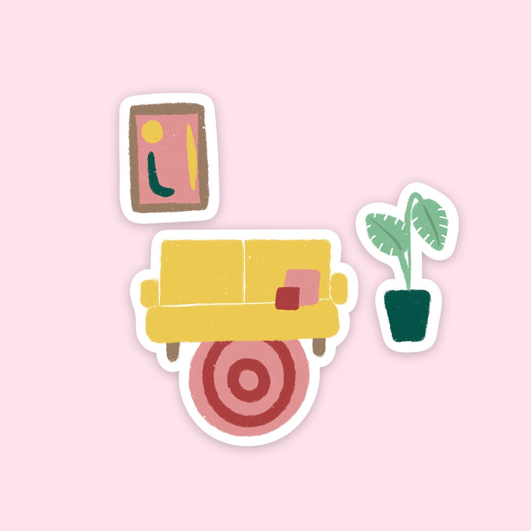 Living Room Sticker Set - Cute Illustrated Colourful Couch, Plant & Art ...
