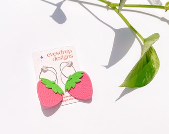 STRAWBERRY HOOPS - Pink or Red Handmade Polymer Clay Cute Fruit Strawberry Earrings - Australian Made Jewellery