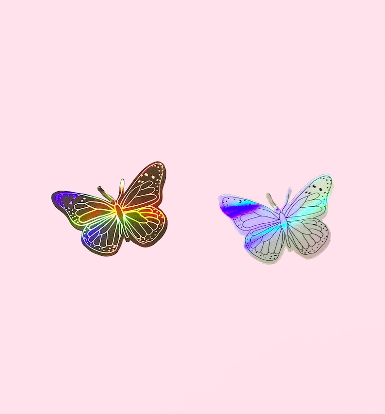 Holographic Butterfly Sticker Cute Illustrated Rainbow Catching Iridescent Silver Sticker image 1