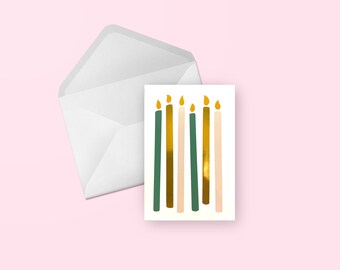 Gold Foil Candles Birthday Card - Cute Illustrated Green, Pink & Gold Foil Blank Premium Greeting Card