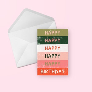 Gestreifte Happy Birthday Karte - Niedliche illustrierte Hand beschriftete rosa & grüne Streifen leere Grußkarte