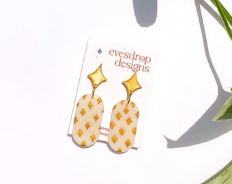 Gold Sparkle Earrings - Handmade Polymer Clay Cute Opalescent White & Gold Oval Dangle Stud Earrings