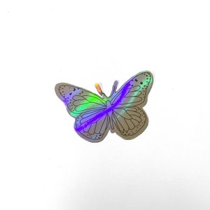 Holographic Butterfly Sticker Cute Illustrated Rainbow Catching Iridescent Silver Sticker Black Outlines