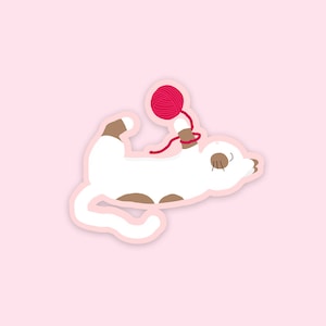 Adesivo gatto con lana - simpatico vinile illustrato rosa e bianco fustellato, laminato, impermeabile, antigraffio, adesivo lucido protetto dal sole UV