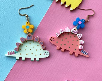Pastel Stegosaurus Earrings | Laser Cut Acrylic Dinosaur Jewelry