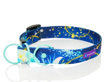 Blue adjustable dog collar, watercolor abstract half choke dog collar, soft webbing dog collar for puppy, personalized dog collar bulldog