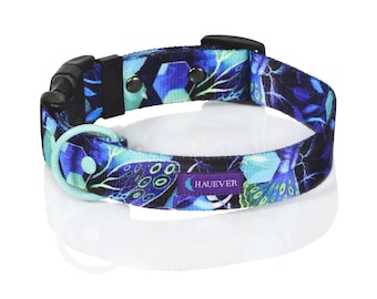 Adjustable moth dog collar for boys, dark blue dog collar, dog collar insect pattern, webbing dog collar with buckle