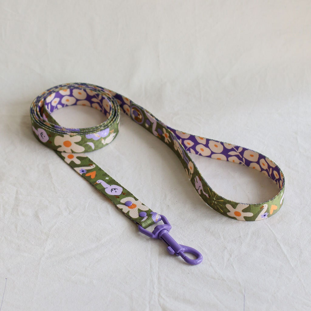 Dog leash GOOSE dog leash, webbing, violet watercolor pattern, dog lead, khaki dog leash for stylish dog