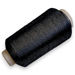 May include: A large spool of black sewing thread wound tightly around a cylindrical cardboard core. The thread has a subtle sheen and a textured appearance, showing the individual strands wrapped in a uniform pattern along the length.