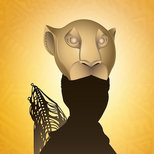 May include: Silhouette of a person wearing a golden lion mask against a yellow background. The mask has white eyes and a black nose. The background is a pattern of yellow triangles.