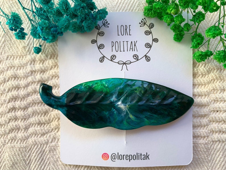 Blue Green Leaf Hair Clip, Resin Hair Clips, Leaf Hair Accessory, Hair Clip for Thick Hair, Gift for Her, Leaf Hair Barrette, Christmas Gift image 1