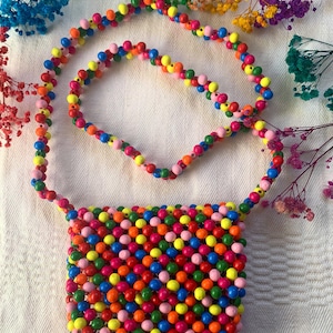 Handmade Rainbow Wood Bead Bag, Colorful Kids Purse, Rainbow bead bags for Kids, Colorful bead bags, Wood bead bags, Gift for Kids, Wood Bag