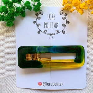Pinza para el pelo verde y amarillo, pinza para el pelo de resina, pasador para el pelo verde, accesorios para el pelo de otoño, regalo para ella, pinzas para el pelo hechas a mano, pinzas para el pelo únicas