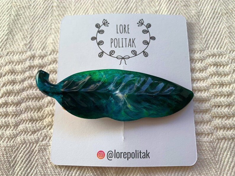 Blue Green Leaf Hair Clip, Resin Hair Clips, Leaf Hair Accessory, Hair Clip for Thick Hair, Gift for Her, Leaf Hair Barrette, Christmas Gift image 5